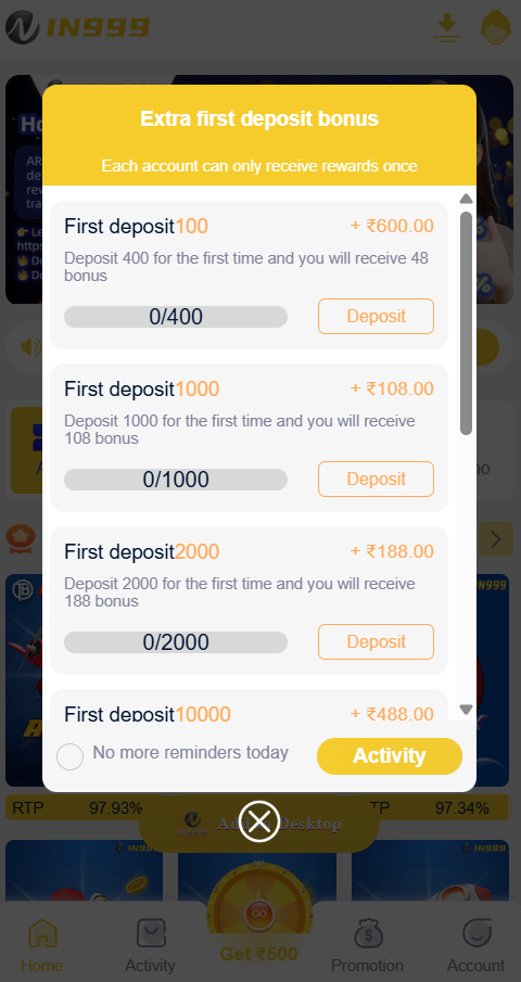 IN999 First Deposit Bonus